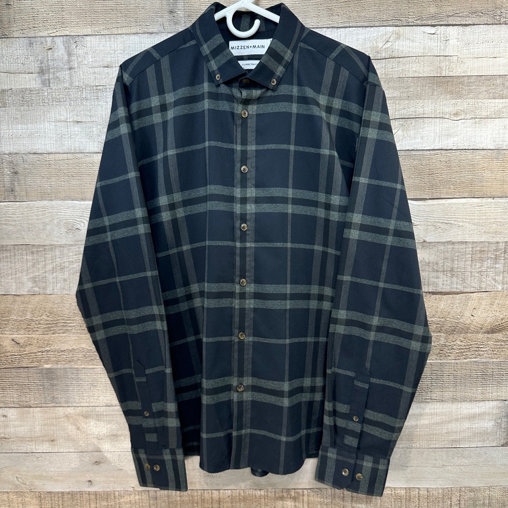 Mizzen+Main Navy Grey‎ Plaid Button Down Shirt XL Trim Fit Performance